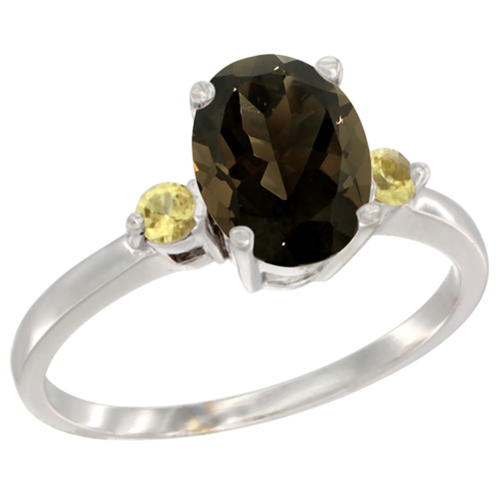 10K White Gold Natural Smoky Topaz Ring Oval 9x7 mm Yellow Sapphire Accent, sizes 5 to 10