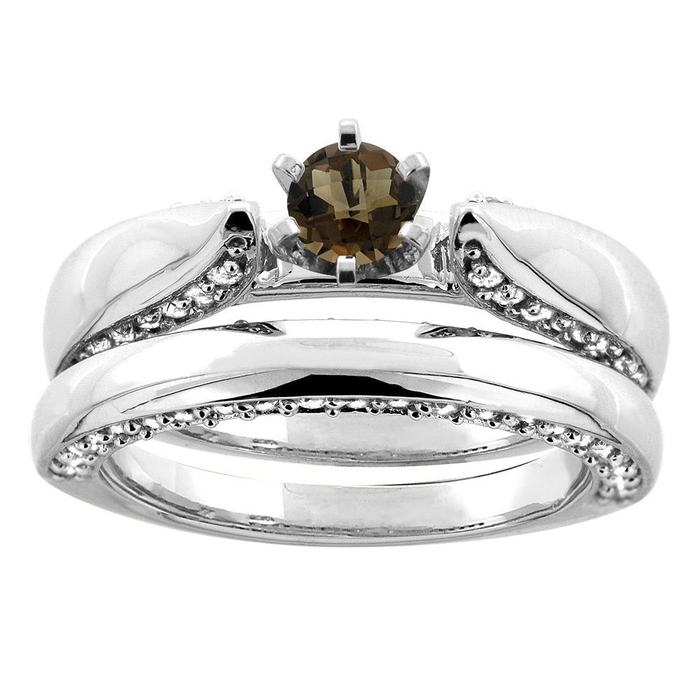 10K White Gold Natural Smoky Topaz 2-piece Bridal Ring Set Diamond Accents Round 5mm, sizes 5 - 10