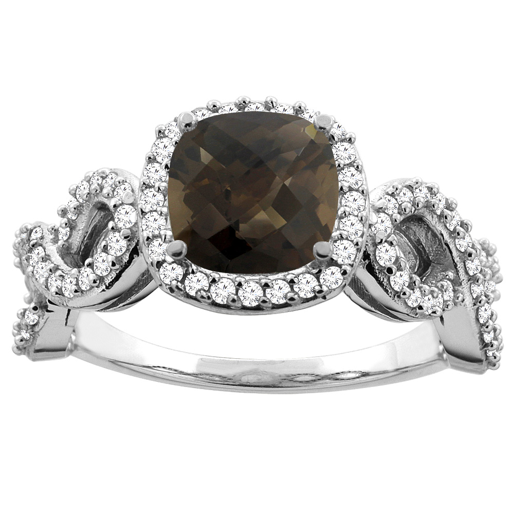 10K Gold Natural Smoky Topaz Engagement Ring Cushion 7mm Eternity Diamond Accents, sizes 5 - 10