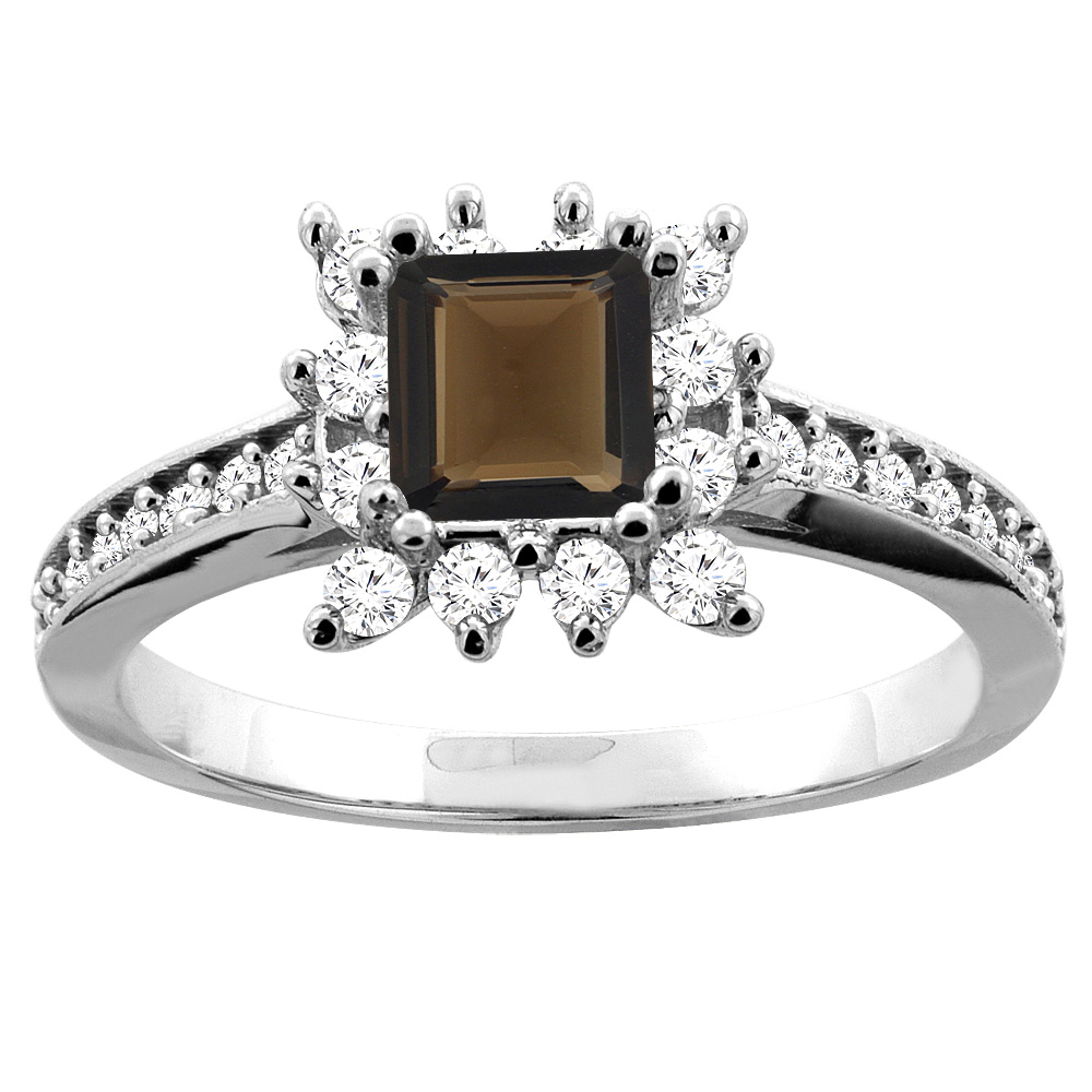 14K White Gold Natural Smoky Topaz Engagement Ring Diamond Accents Square 5mm, sizes 5 - 10