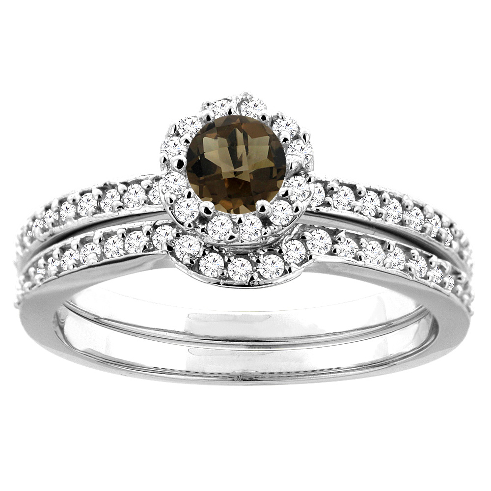 14K White Gold Natural Smoky Topaz 2-pc Bridal Ring Set Diamond Accent Round 4mm, sizes 5 - 10