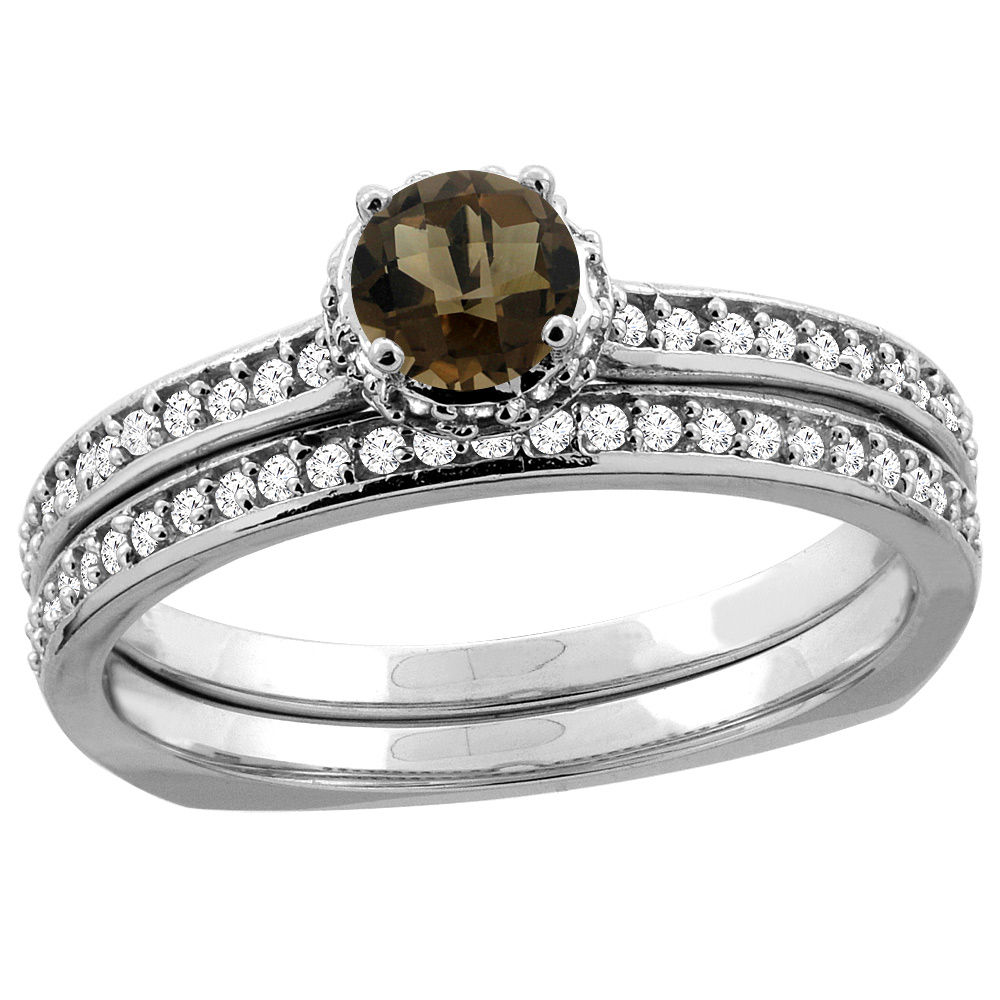 10K Yellow Gold Diamond Natural Smoky Topaz 2-pc Bridal Ring Set Round 4mm, sizes 5 - 10