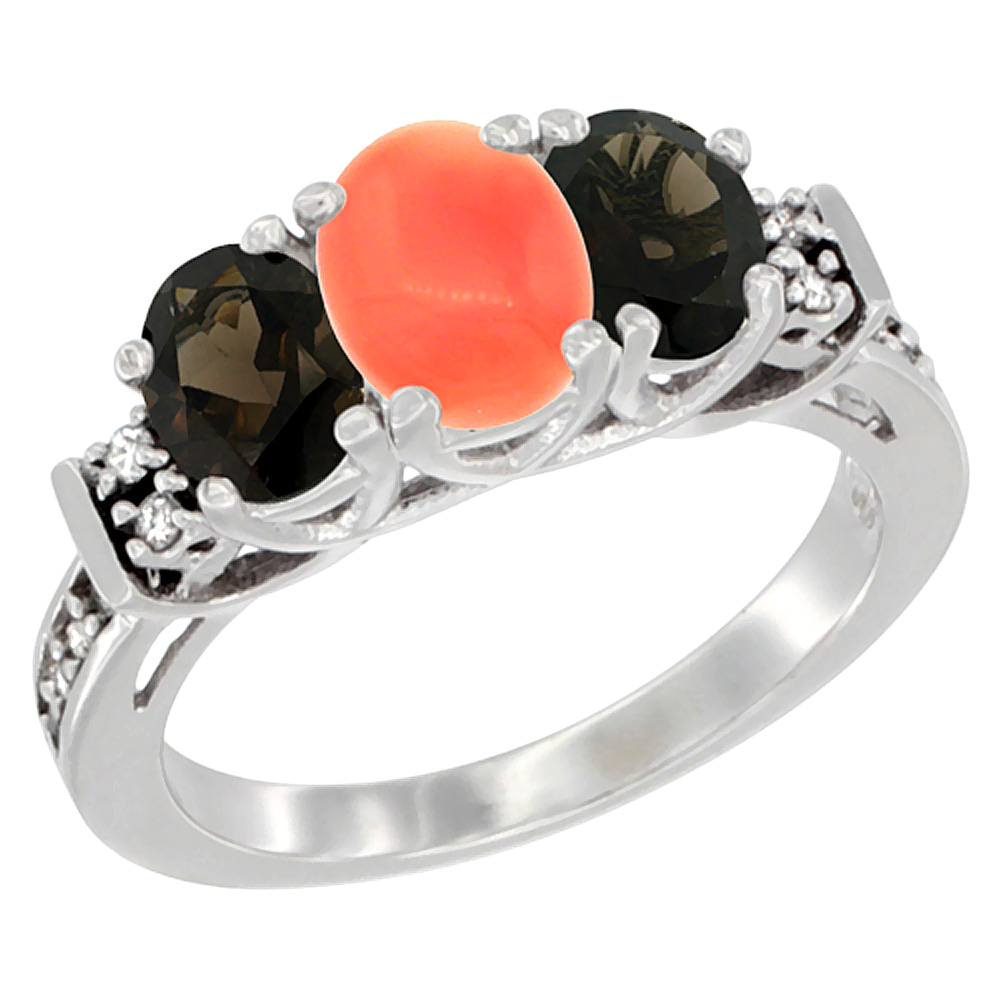 14K White Gold Natural Coral &amp; Smoky Topaz Ring 3-Stone Oval Diamond Accent, sizes 5-10