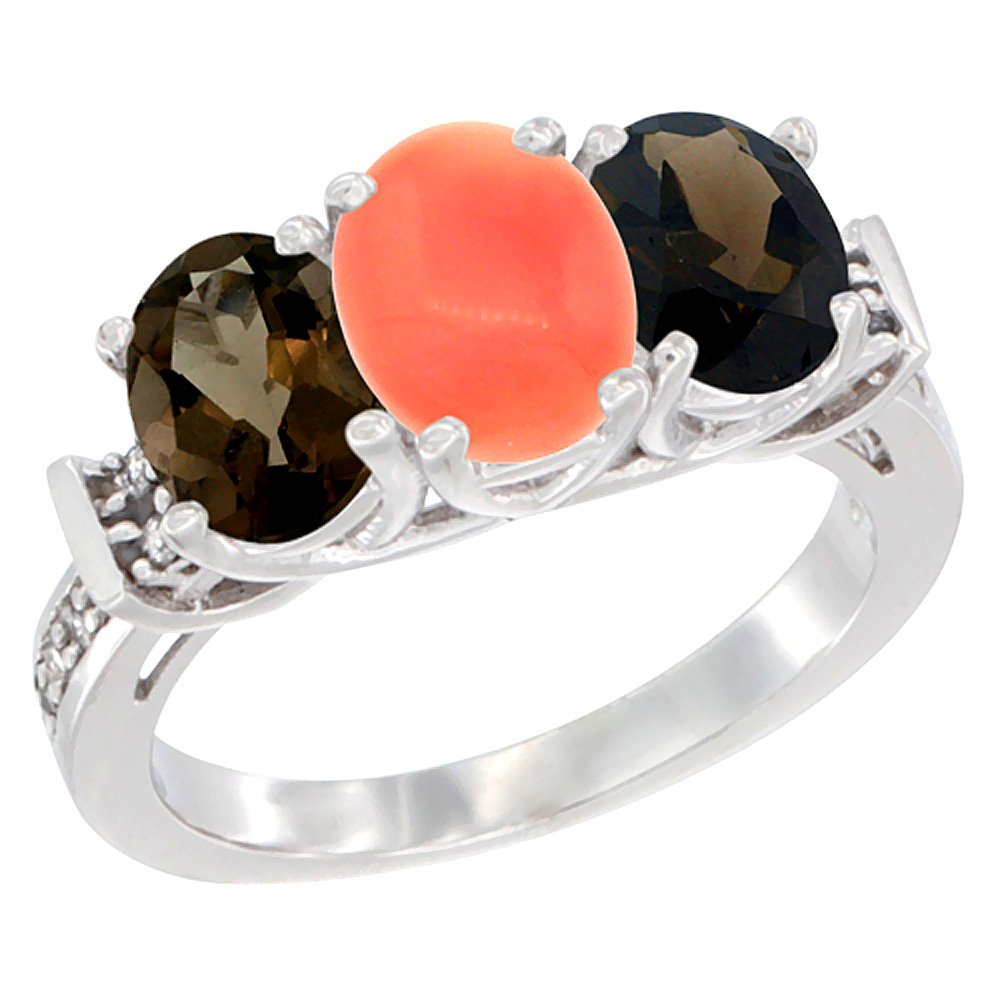 10K White Gold Natural Coral & Smoky Topaz Sides Ring 3-Stone Oval Diamond Accent, sizes 5 - 10