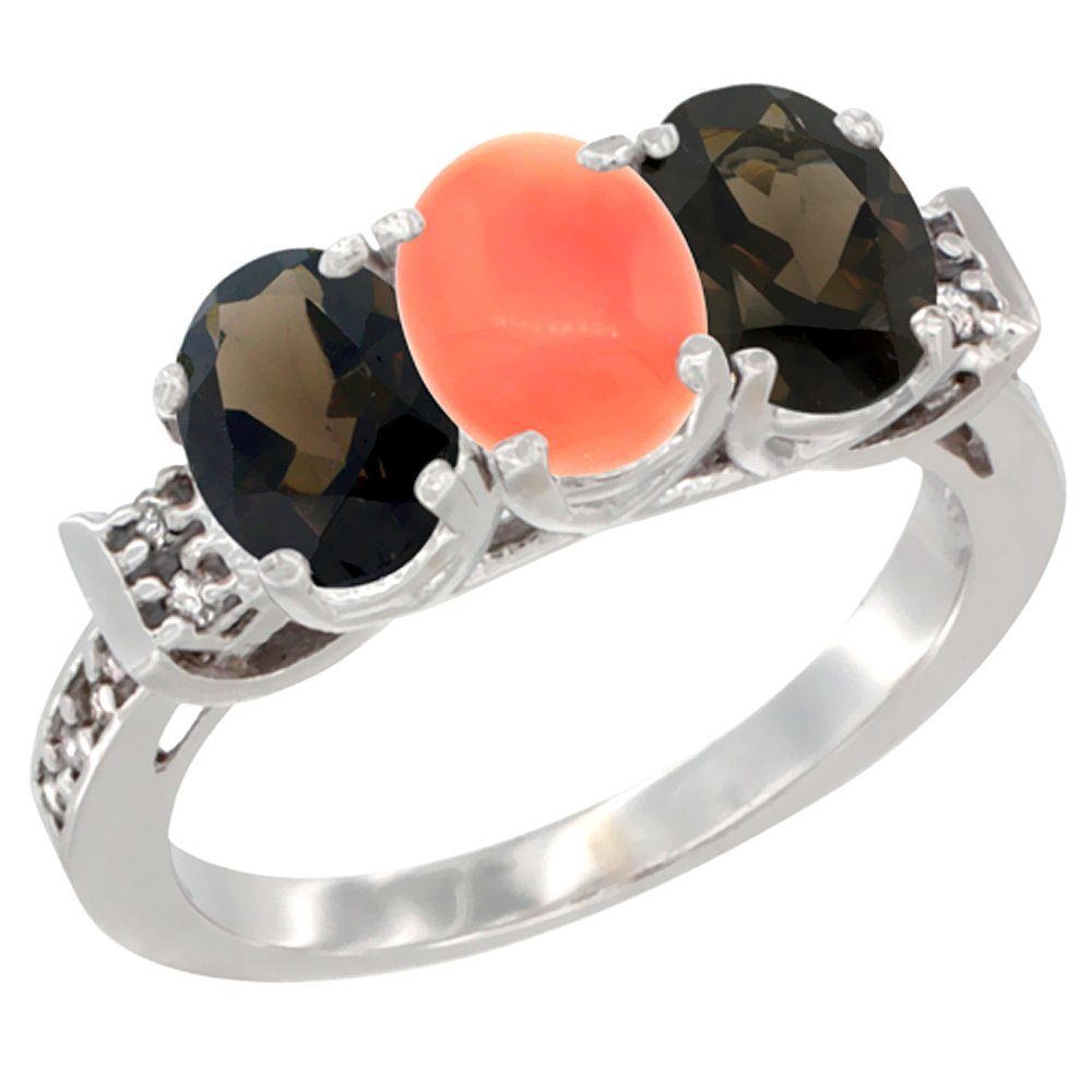 10K White Gold Natural Coral & Smoky Topaz Sides Ring 3-Stone Oval 7x5 mm Diamond Accent, sizes 5 - 10