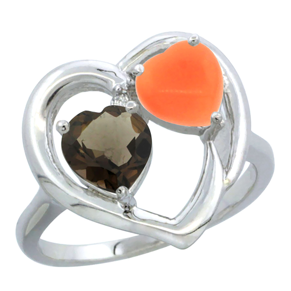 10K White Gold Diamond Two-stone Heart Ring 6mm Natural Smoky Topaz &amp; Coral, sizes 5-10