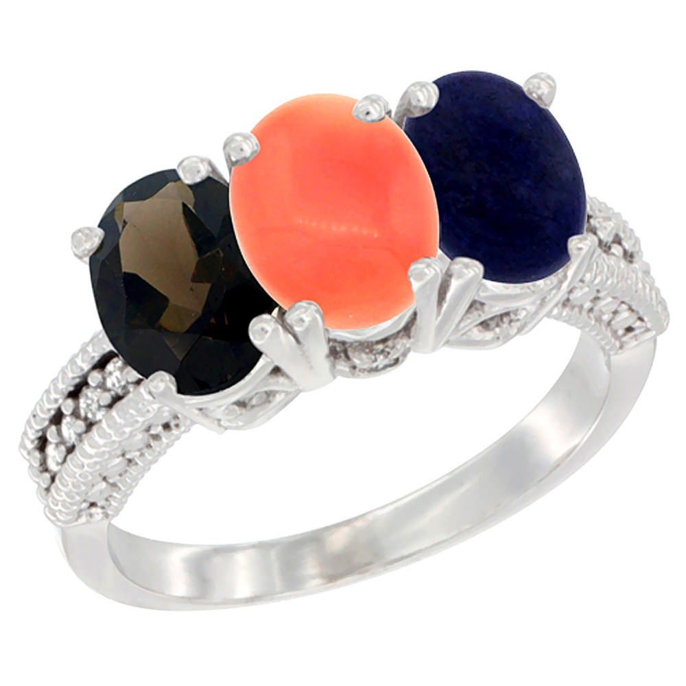 10K White Gold Natural Smoky Topaz, Coral &amp; Lapis Ring 3-Stone Oval 7x5 mm Diamond Accent, sizes 5 - 10
