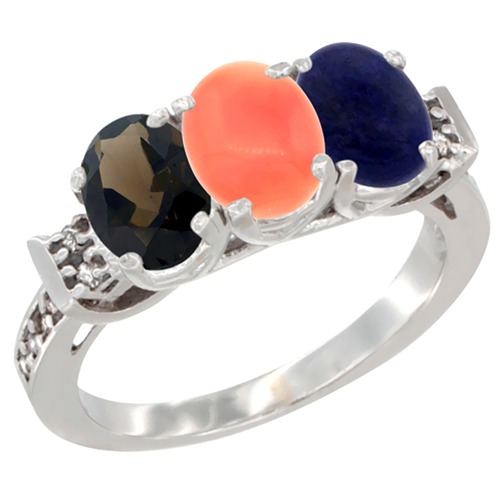 14K White Gold Natural Smoky Topaz, Coral &amp; Lapis Ring 3-Stone Oval 7x5 mm Diamond Accent, sizes 5 - 10