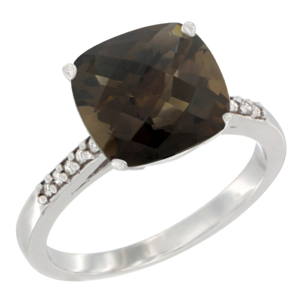 14K Yellow Gold Natural Smoky Topaz Ring 9 mm Cushion-cut Diamond accent, sizes 5 - 10