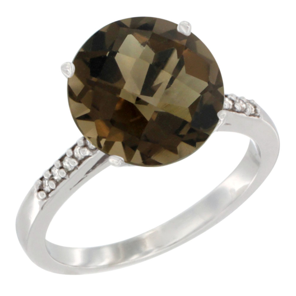 14K Yellow Gold Natural Smoky Topaz Ring Round 10mm Diamond accent, sizes 5 - 10