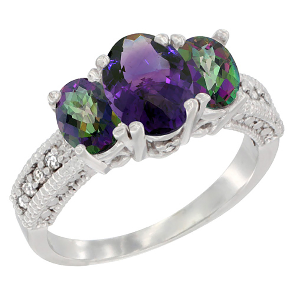 14K White Gold Diamond Natural Amethyst Ring Oval 3-stone with Mystic Topaz, sizes 5 - 10