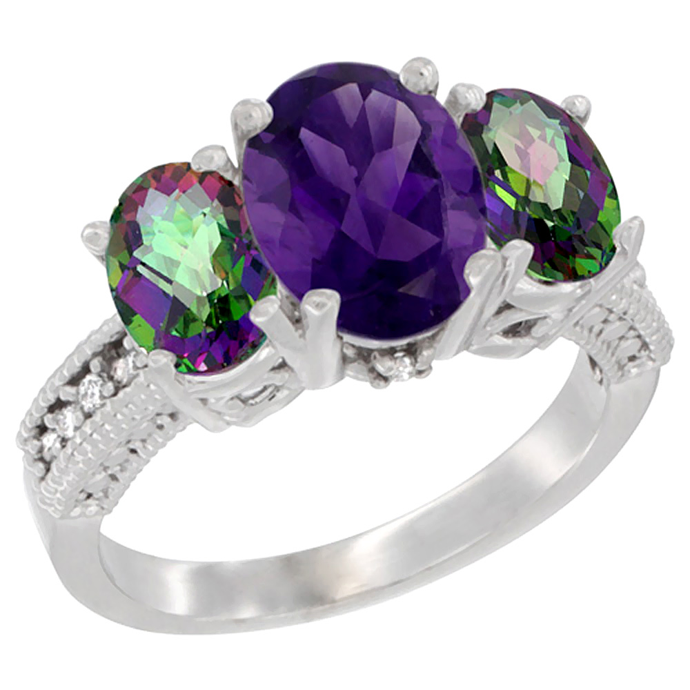 10K White Gold Diamond Natural Amethyst Ring 3-Stone Oval 8x6mm with Mystic Topaz, sizes5-10