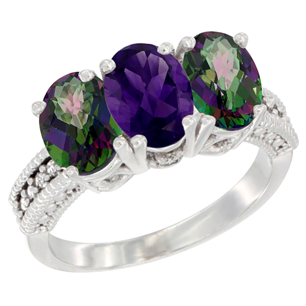 14K White Gold Natural Amethyst & Mystic Topaz Ring 3-Stone 7x5 mm Oval Diamond Accent, sizes 5 - 10