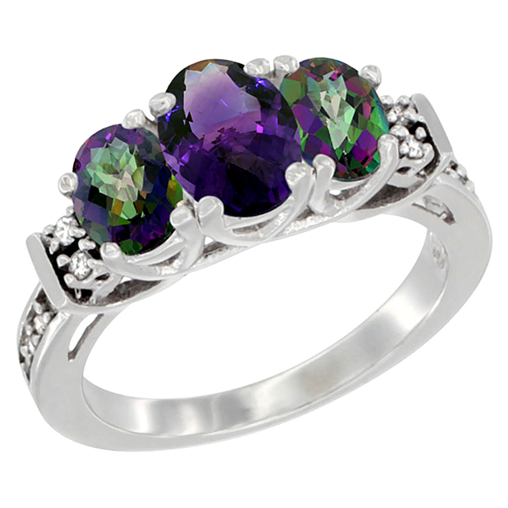 14K White Gold Natural Amethyst & Mystic Topaz Ring 3-Stone Oval Diamond Accent, sizes 5-10