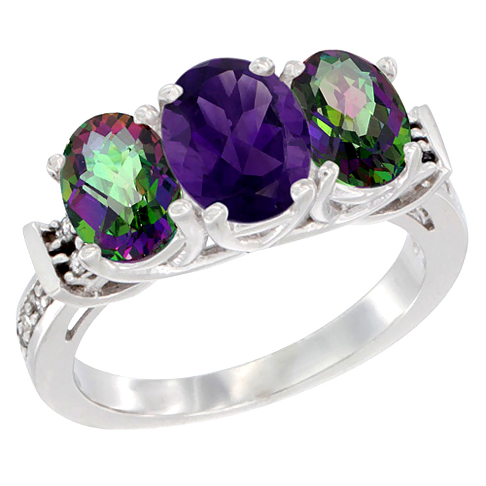 10K White Gold Natural Amethyst &amp; Mystic Topaz Sides Ring 3-Stone Oval Diamond Accent, sizes 5 - 10