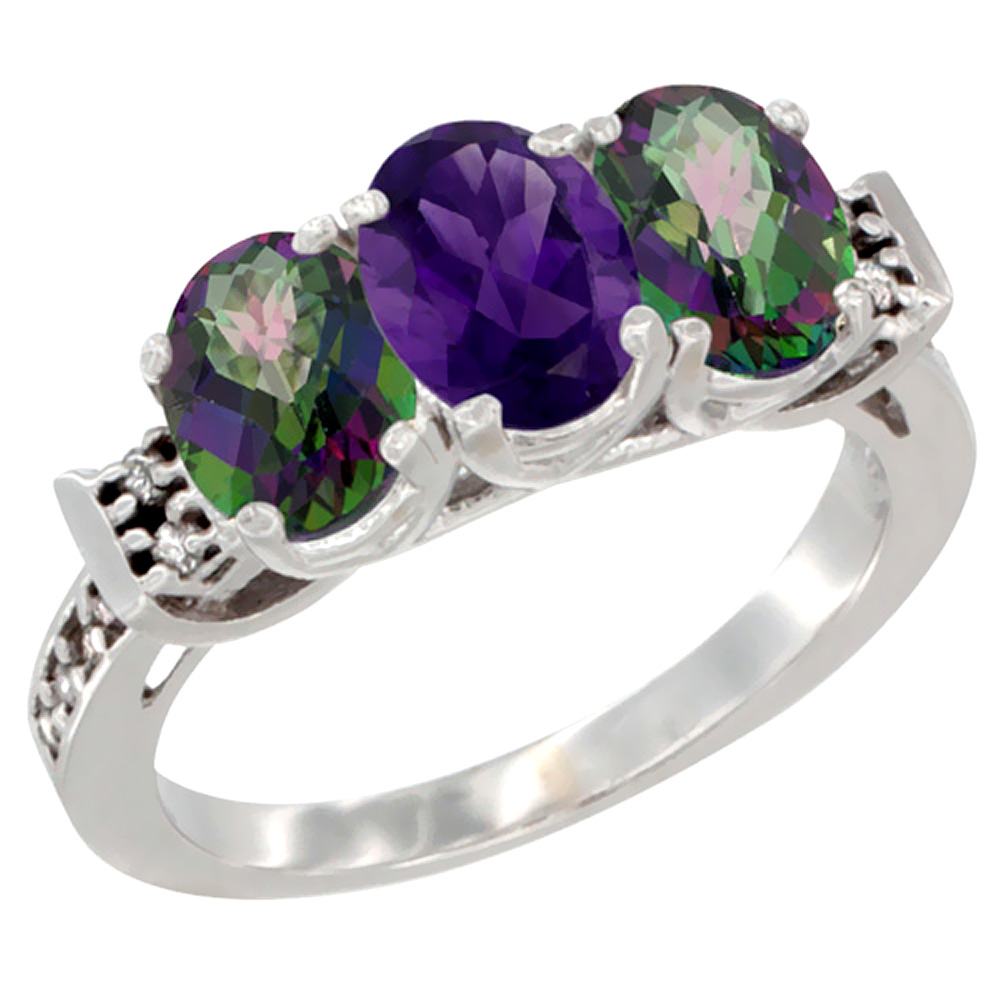 14K White Gold Natural Amethyst &amp; Mystic Topaz Sides Ring 3-Stone Oval 7x5 mm Diamond Accent, sizes 5 - 10