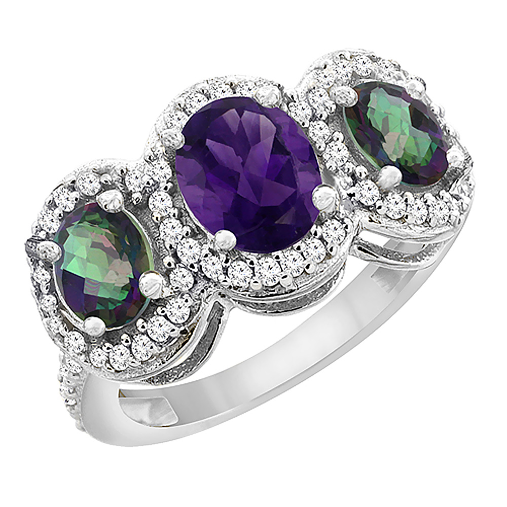 14K White Gold Natural Amethyst &amp; Mystic Topaz 3-Stone Ring Oval Diamond Accent, sizes 5 - 10