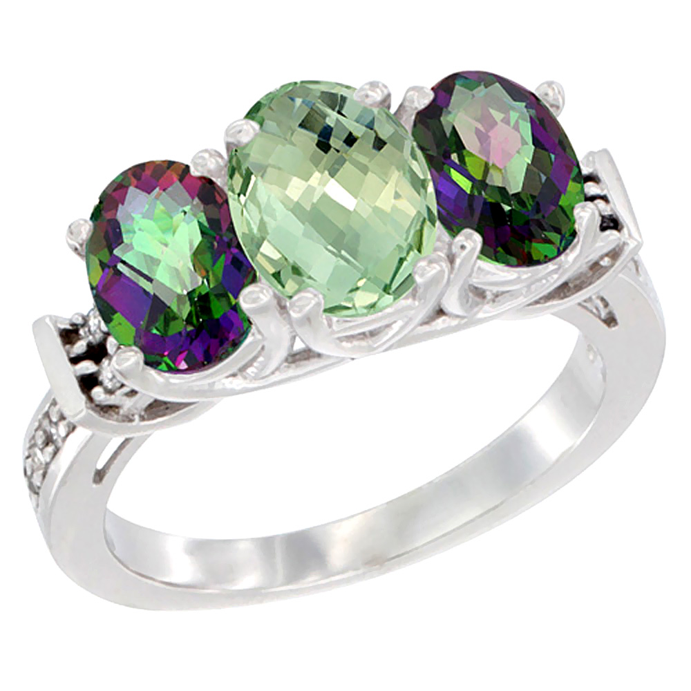 10K White Gold Natural Green Amethyst &amp; Mystic Topaz Sides Ring 3-Stone Oval Diamond Accent, sizes 5 - 10