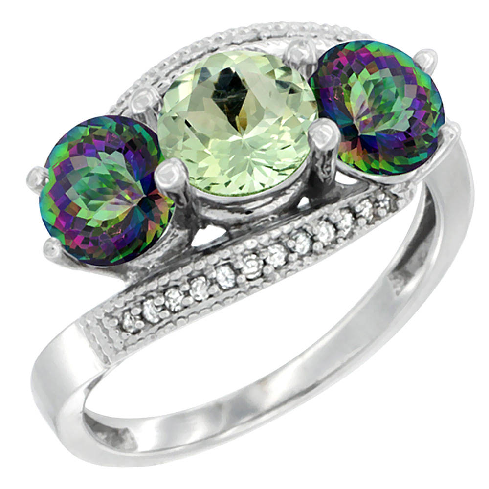 14K White Gold Natural Green Amethyst & Mystic Topaz Sides 3 stone Ring Round 6mm Diamond Accent, sizes 5 - 10