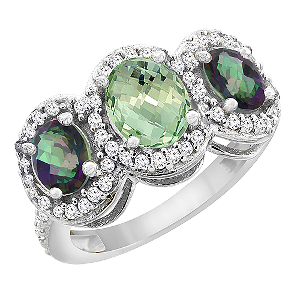 10K White Gold Natural Green Amethyst & Mystic Topaz 3-Stone Ring Oval Diamond Accent, sizes 5 - 10