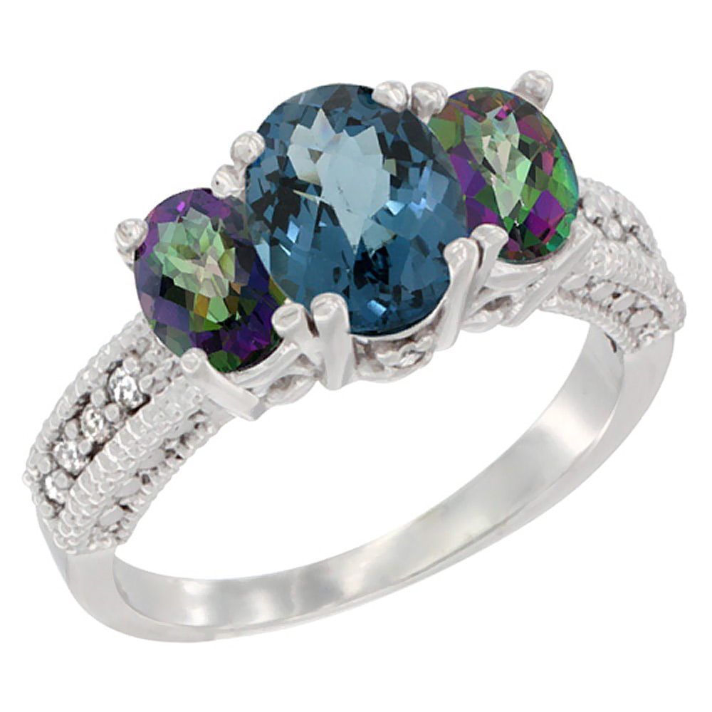 14K White Gold Diamond Natural London Blue Ring Oval 3-stone with Mystic Topaz, sizes 5 - 10