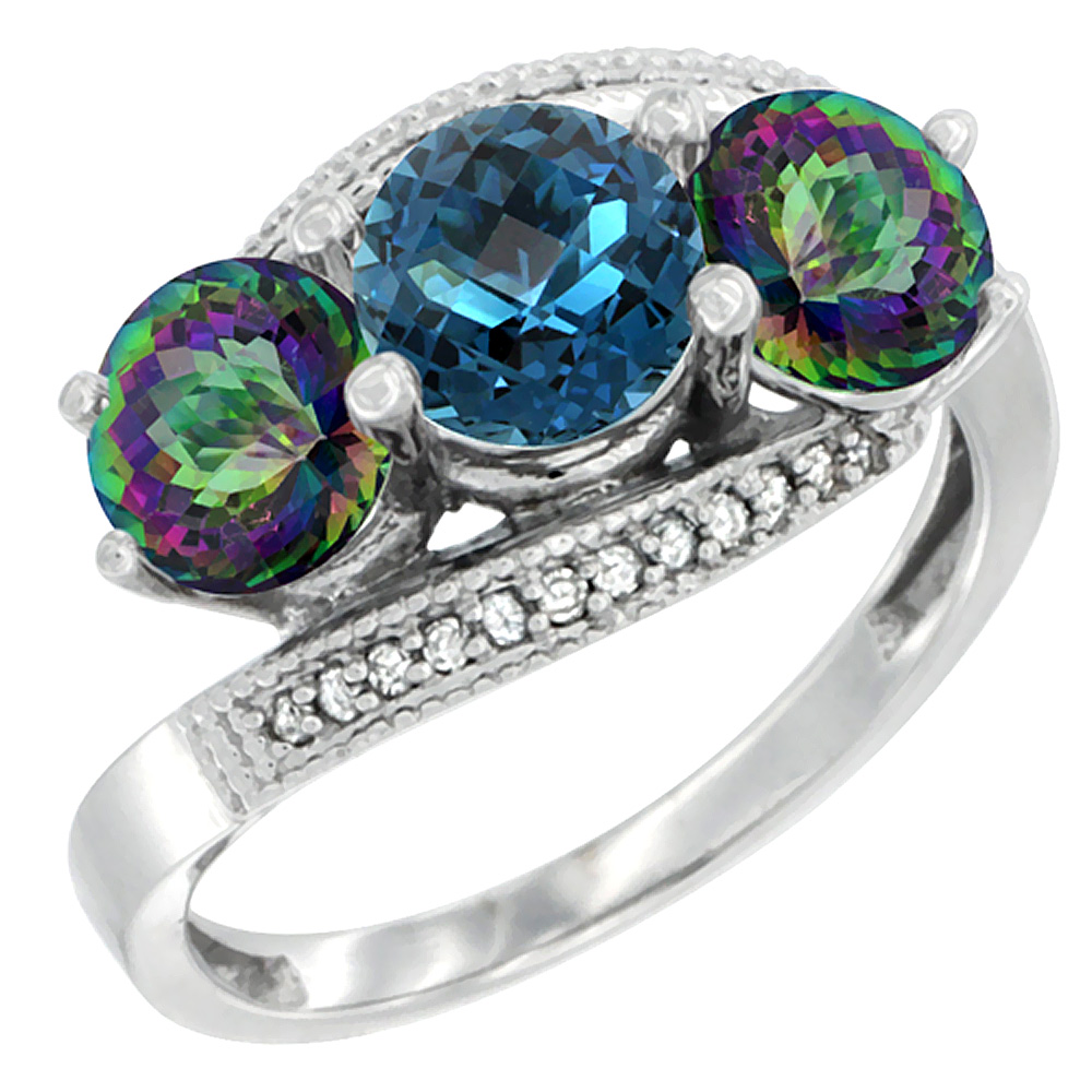 10K White Gold Natural London Blue Topaz & Mystic Topaz Sides 3 stone Ring Round 6mm Diamond Accent, sizes 5 - 10