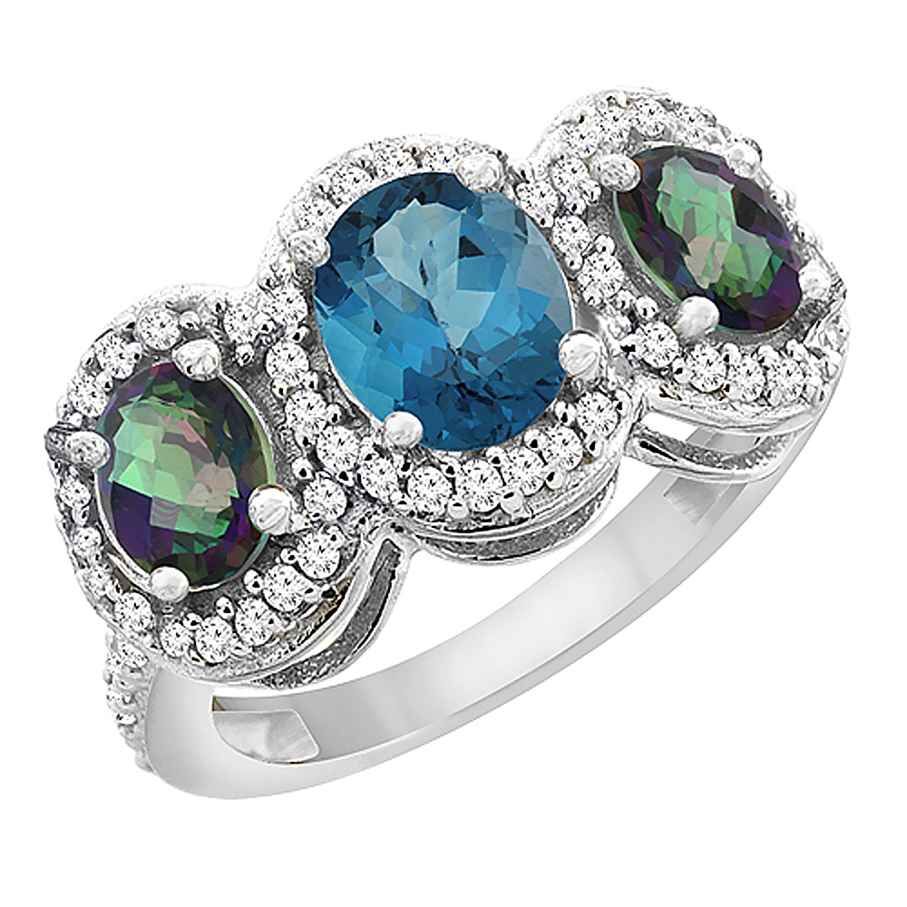 14K White Gold Natural London Blue Topaz & Mystic Topaz 3-Stone Ring Oval Diamond Accent, sizes 5 - 10