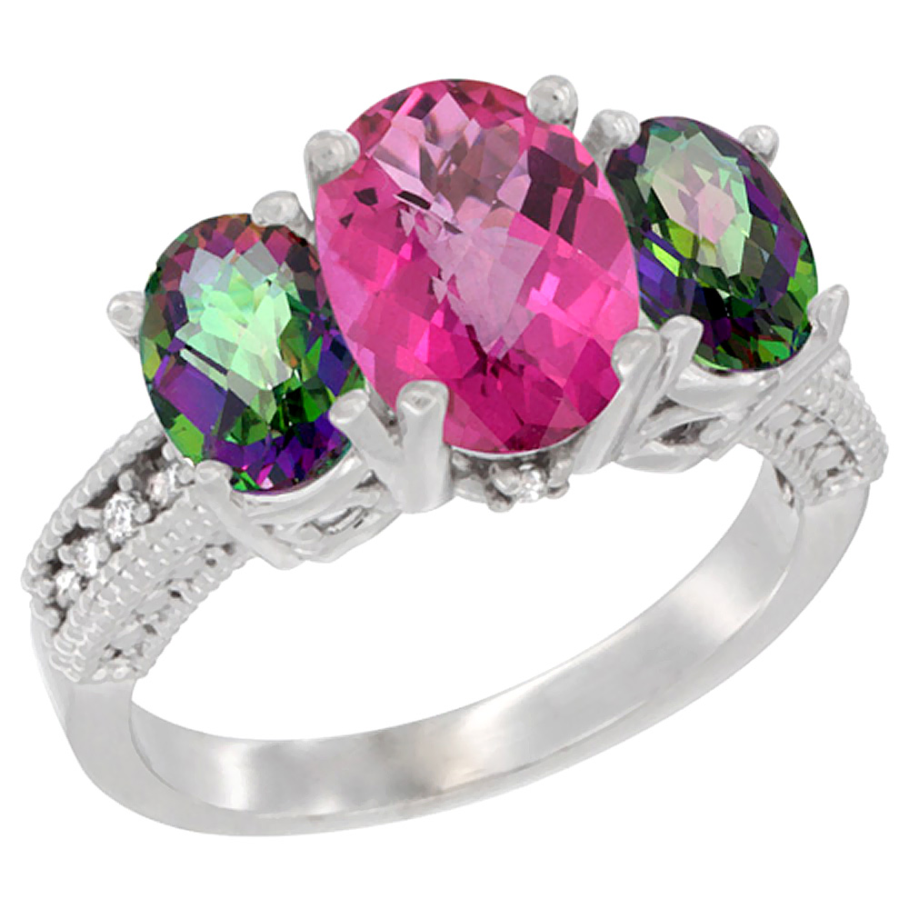 14K White Gold Diamond Natural Pink Topaz Ring 3-Stone Oval 8x6mm with Mystic Topaz, sizes5-10