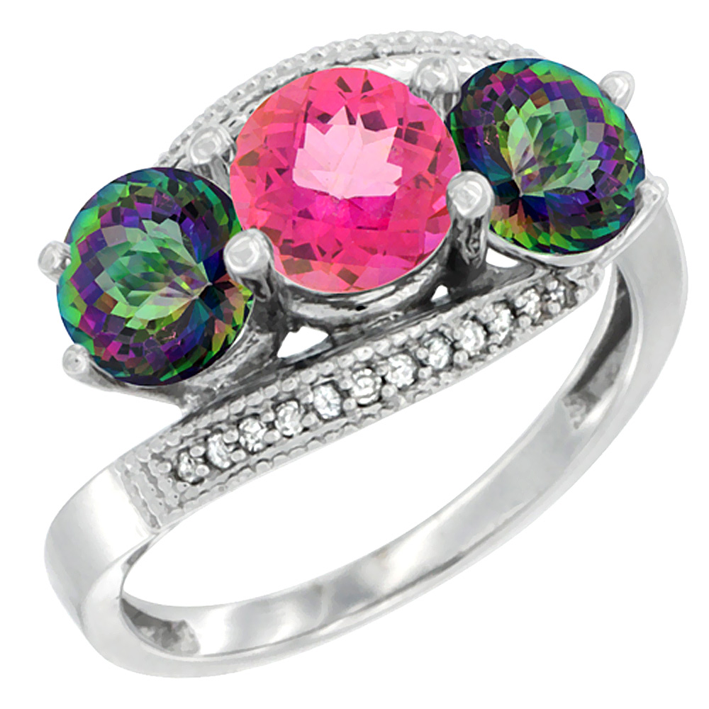 10K White Gold Natural Pink Topaz & Mystic Topaz Sides 3 stone Ring Round 6mm Diamond Accent, sizes 5 - 10