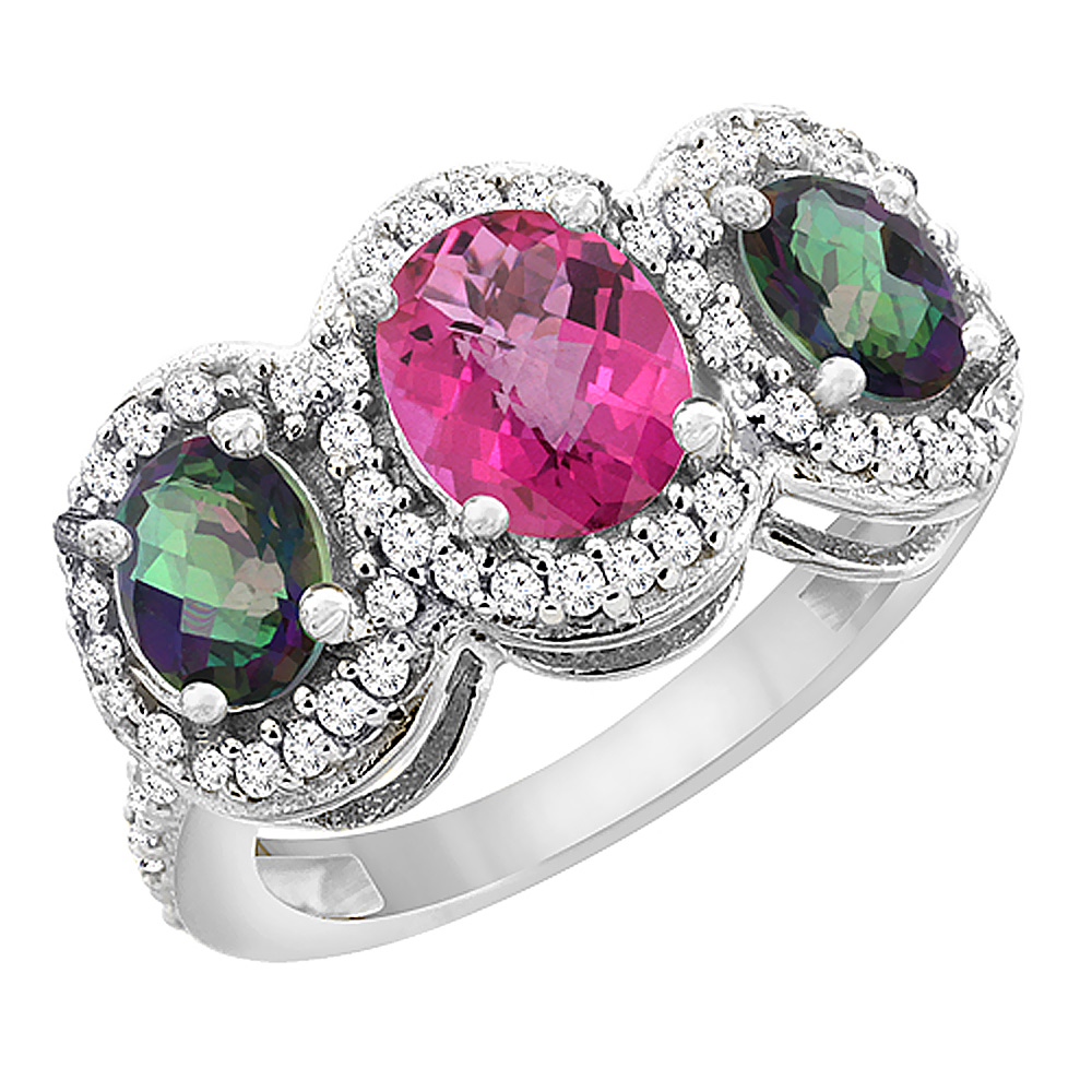 14K White Gold Natural Pink Sapphire & Mystic Topaz 3-Stone Ring Oval Diamond Accent, sizes 5 - 10