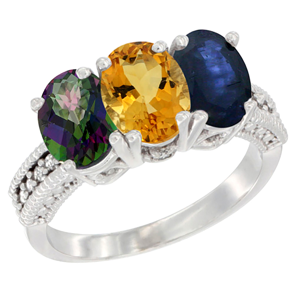 14K White Gold Natural Mystic Topaz, Citrine & Blue Sapphire Ring 3-Stone 7x5 mm Oval Diamond Accent, sizes 5 - 10