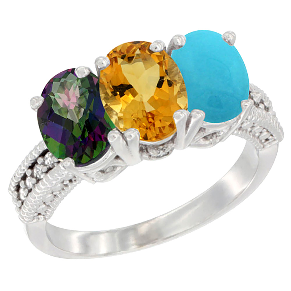 14K White Gold Natural Mystic Topaz, Citrine & Turquoise Ring 3-Stone 7x5 mm Oval Diamond Accent, sizes 5 - 10