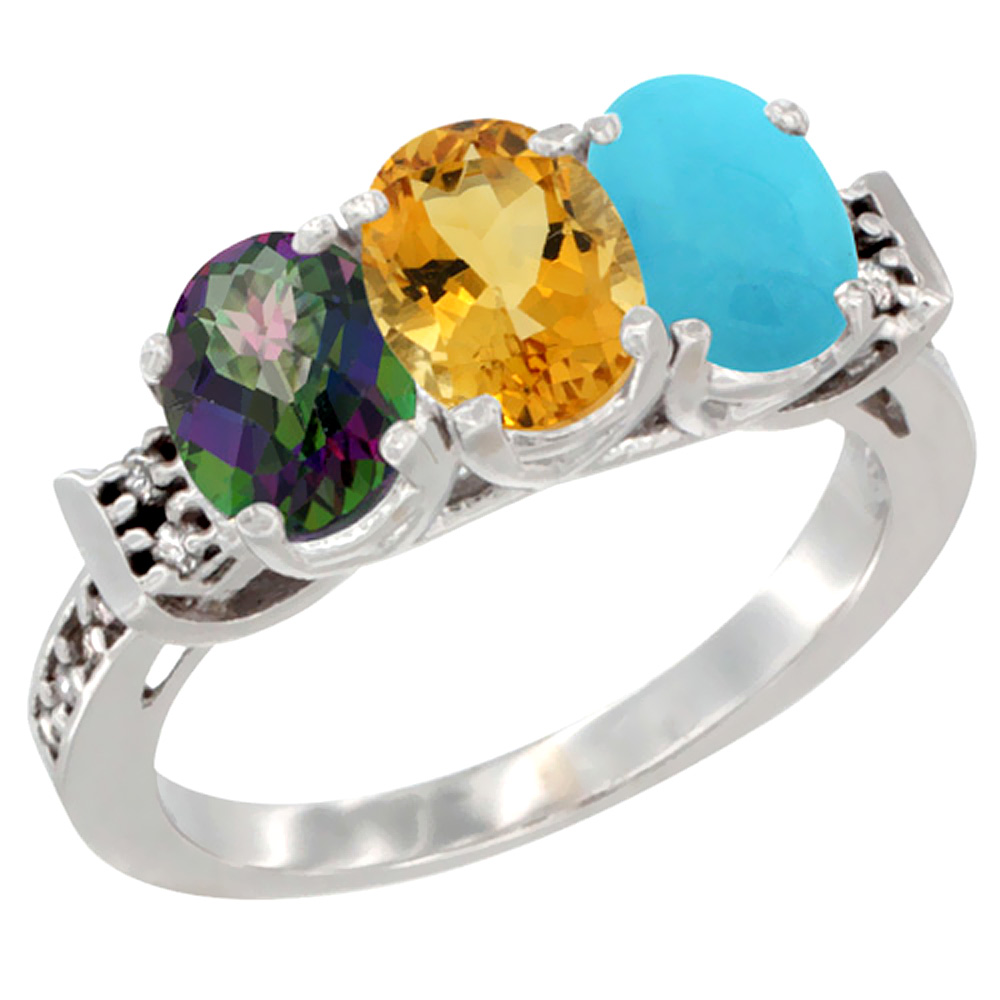 14K White Gold Natural Mystic Topaz, Citrine & Turquoise Ring 3-Stone Oval 7x5 mm Diamond Accent, sizes 5 - 10