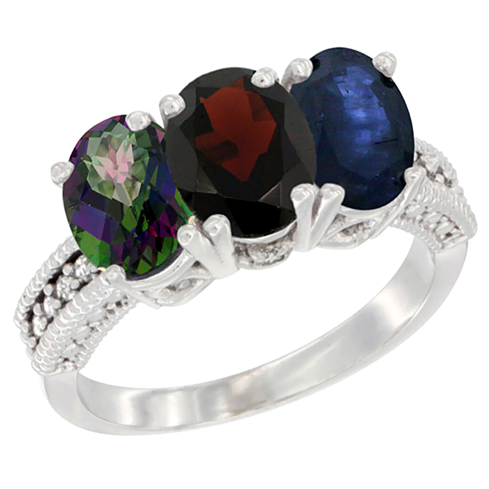14K White Gold Natural Mystic Topaz, Garnet & Blue Sapphire Ring 3-Stone 7x5 mm Oval Diamond Accent, sizes 5 - 10