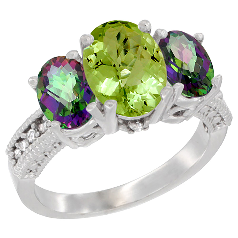 14K White Gold Diamond Natural Peridot Ring 3-Stone Oval 8x6mm with Mystic Topaz, sizes5-10