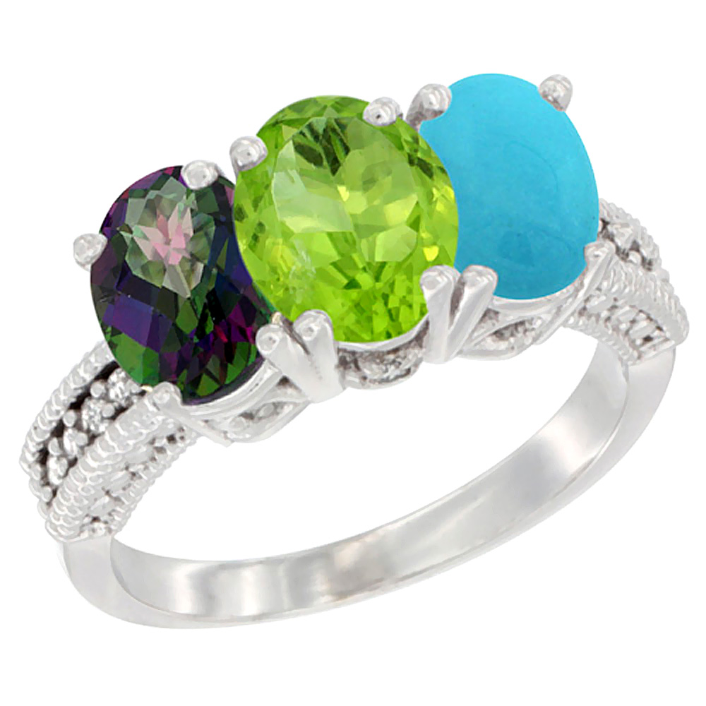 14K White Gold Natural Mystic Topaz, Peridot &amp; Turquoise Ring 3-Stone 7x5 mm Oval Diamond Accent, sizes 5 - 10