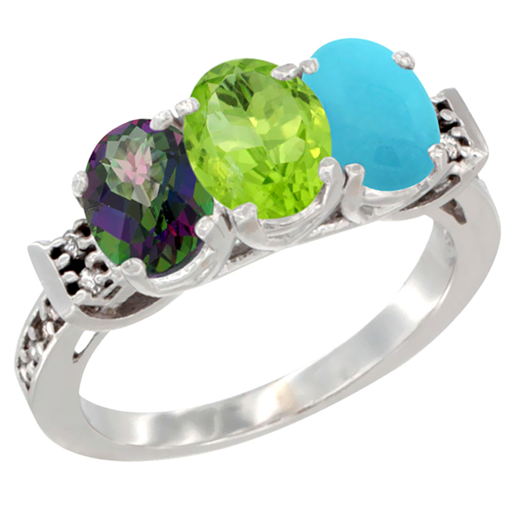 14K White Gold Natural Mystic Topaz, Peridot & Turquoise Ring 3-Stone Oval 7x5 mm Diamond Accent, sizes 5 - 10