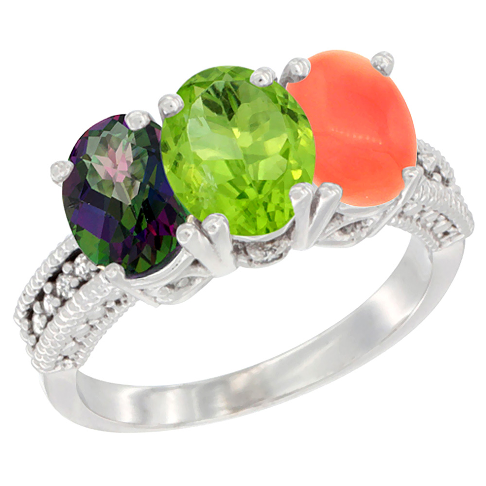 14K White Gold Natural Mystic Topaz, Peridot & Coral Ring 3-Stone 7x5 mm Oval Diamond Accent, sizes 5 - 10