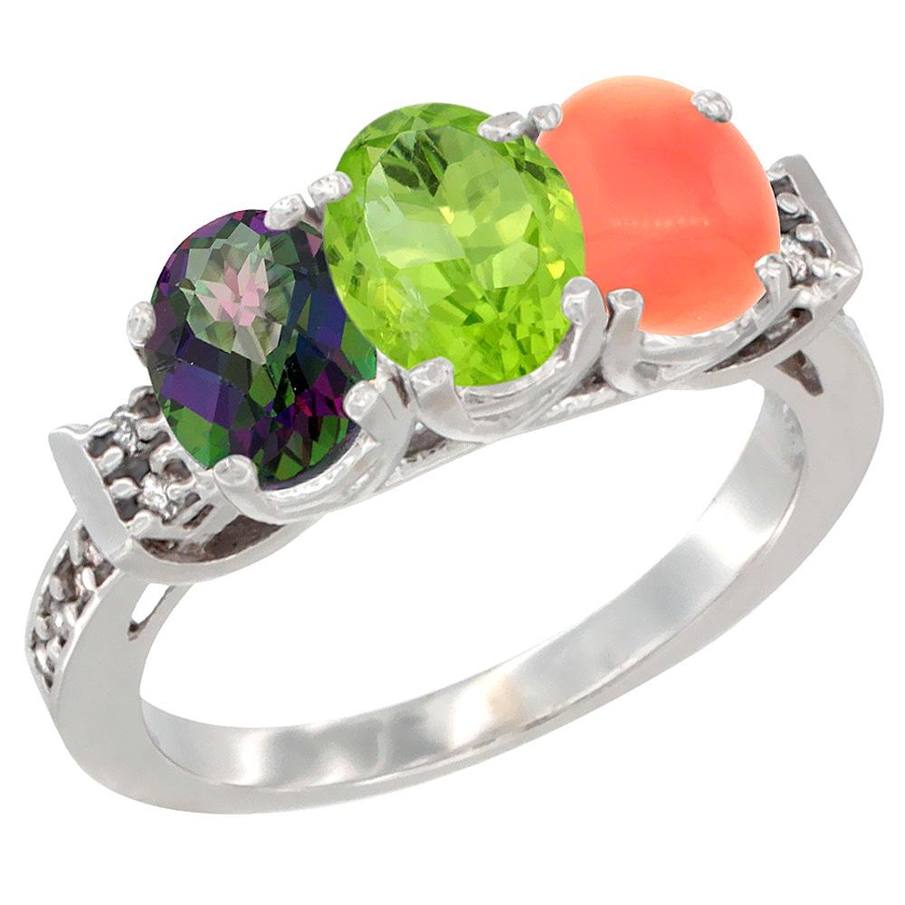 10K White Gold Natural Mystic Topaz, Peridot & Coral Ring 3-Stone Oval 7x5 mm Diamond Accent, sizes 5 - 10