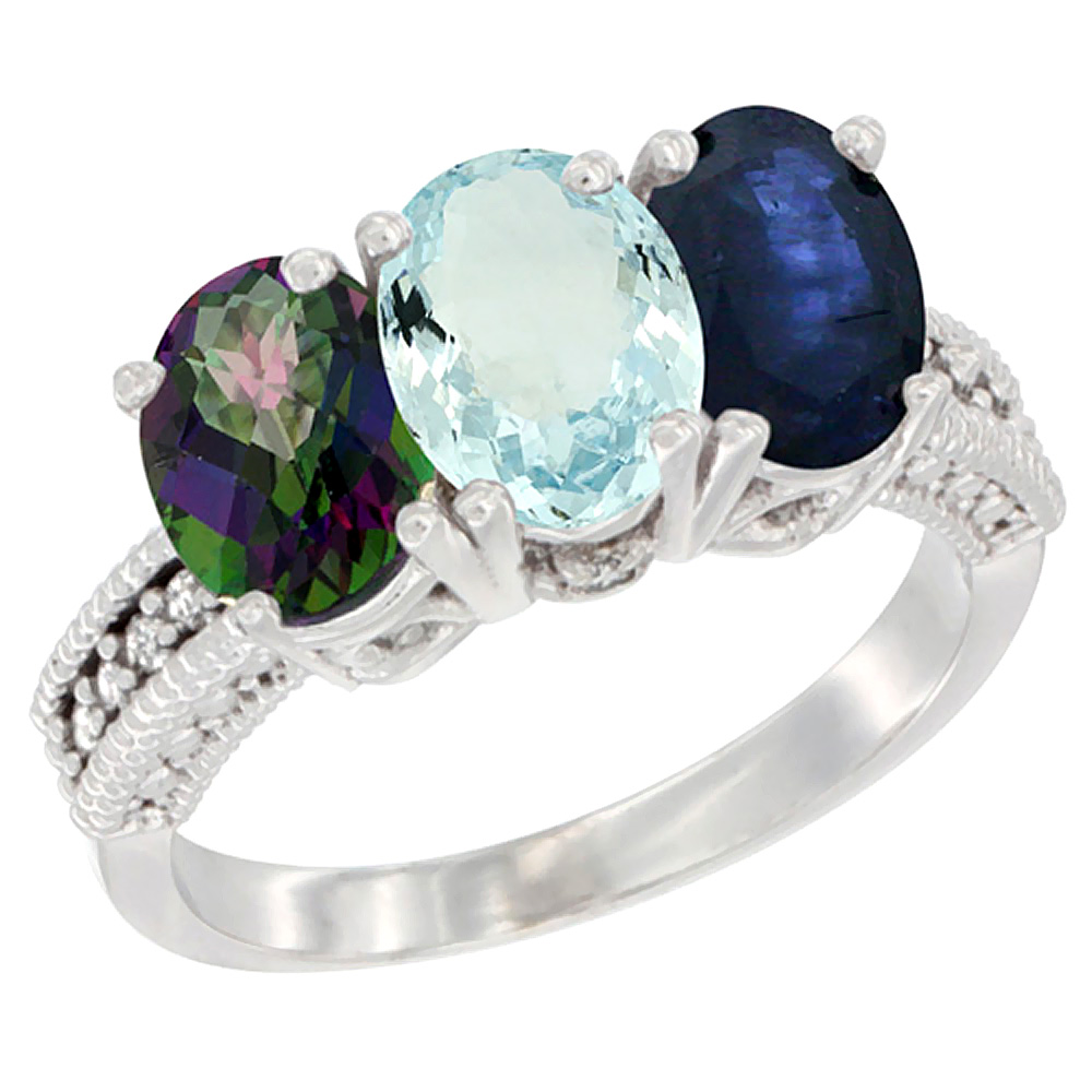 14K White Gold Natural Mystic Topaz, Aquamarine & Blue Sapphire Ring 3-Stone 7x5 mm Oval Diamond Accent, sizes 5 - 10