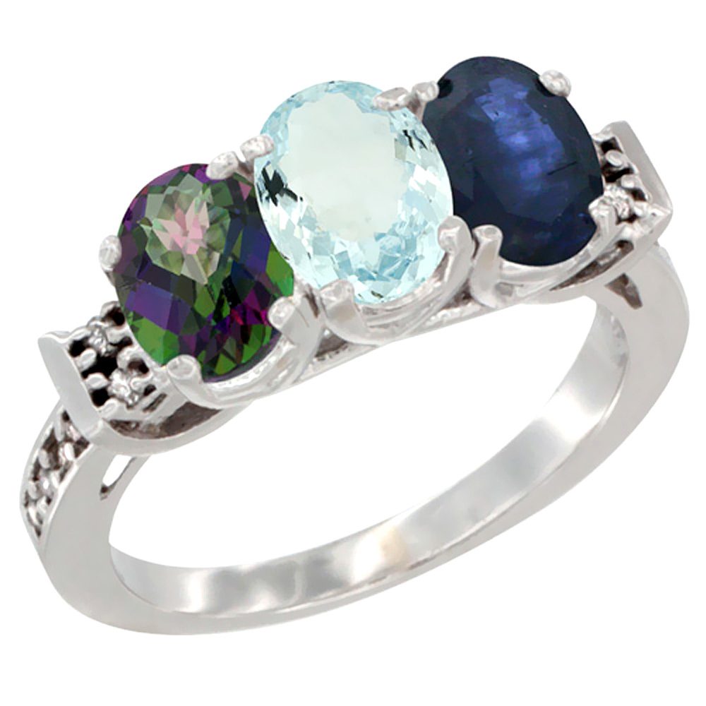 10K White Gold Natural Mystic Topaz, Aquamarine & Blue Sapphire Ring 3-Stone Oval 7x5 mm Diamond Accent, sizes 5 - 10