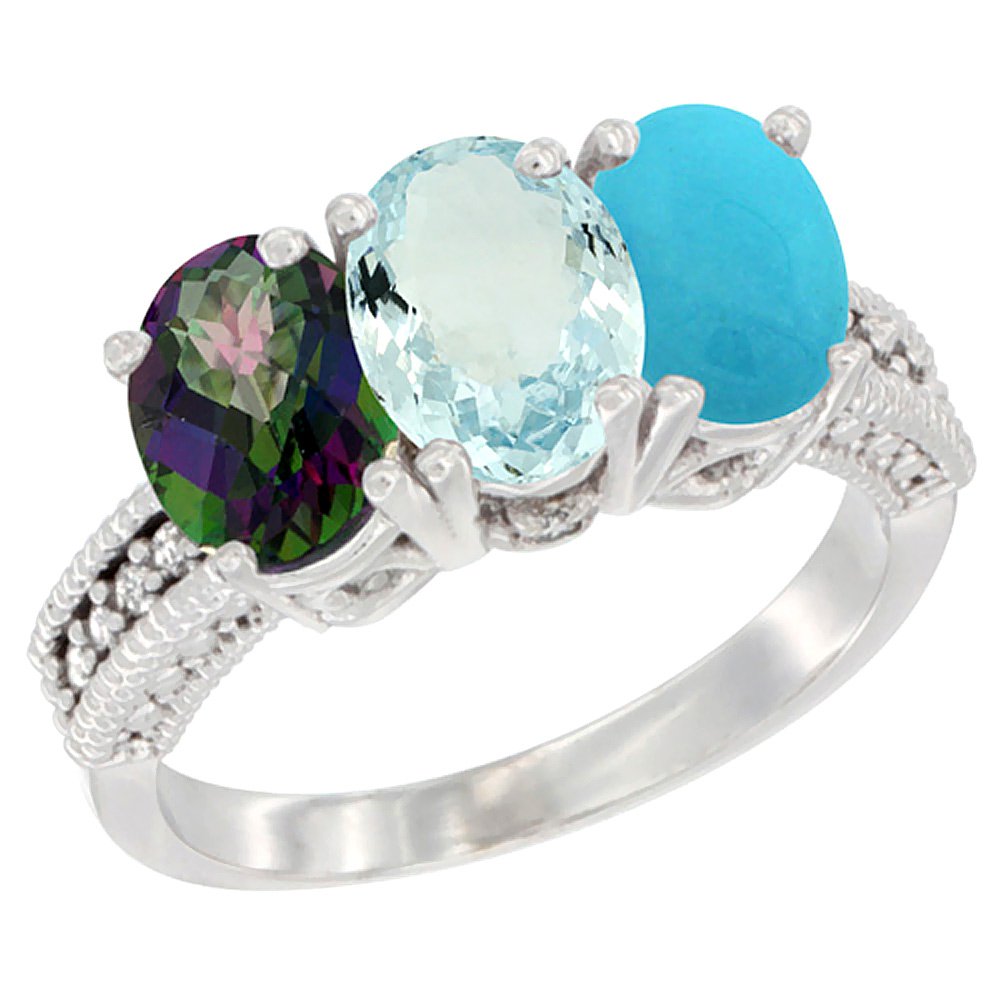 14K White Gold Natural Mystic Topaz, Aquamarine & Turquoise Ring 3-Stone 7x5 mm Oval Diamond Accent, sizes 5 - 10