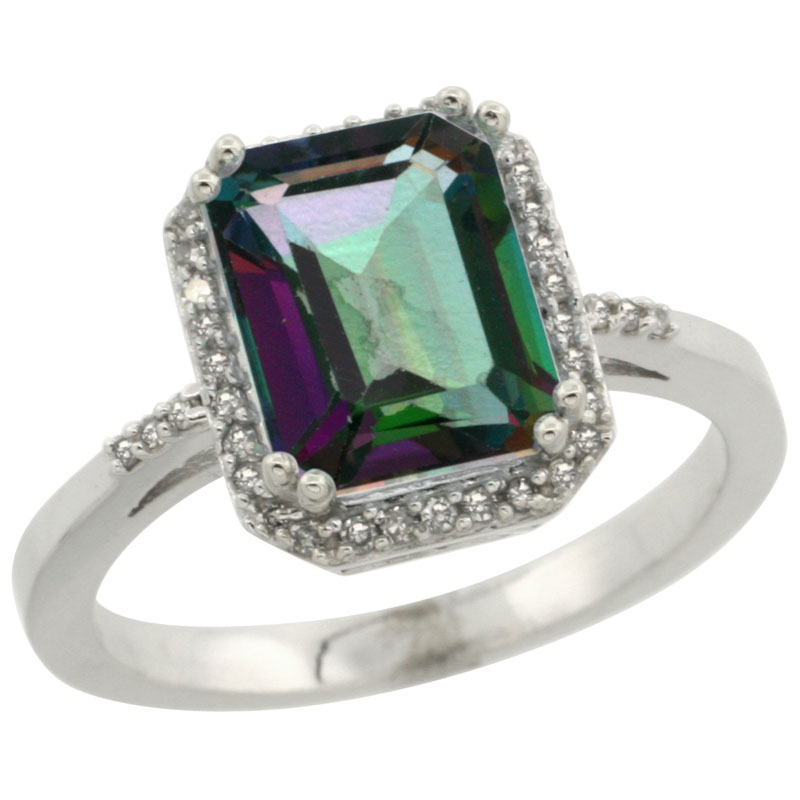 14K White Gold Diamond Natural Mystic Topaz Ring Emerald-cut 9x7mm, sizes 5-10