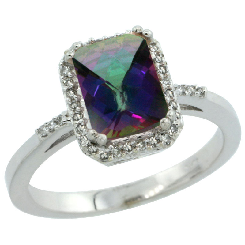 10K White Gold Diamond Natural Mystic Topaz Ring Emerald-cut 8x6mm, sizes 5-10