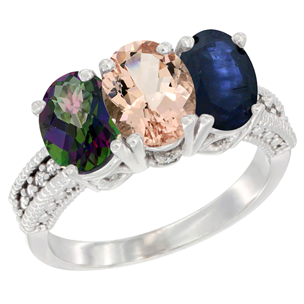 14K White Gold Natural Mystic Topaz, Morganite &amp; Blue Sapphire Ring 3-Stone 7x5 mm Oval Diamond Accent, sizes 5 - 10