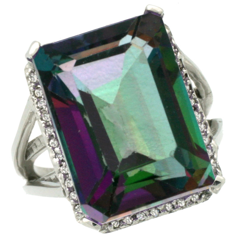 14K White Gold Natural Diamond Mystic Topaz Ring Emerald-cut 18x13mm, sizes 5-10