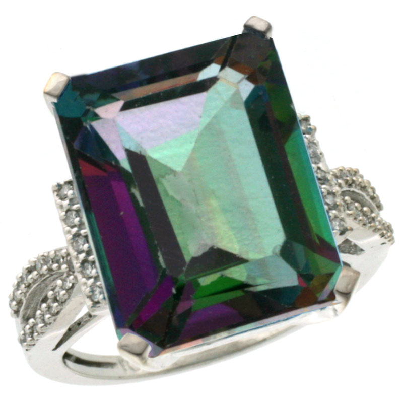 10K White Gold Natural Diamond Mystic Topaz Ring Emerald-cut 16x12mm, sizes 5-10