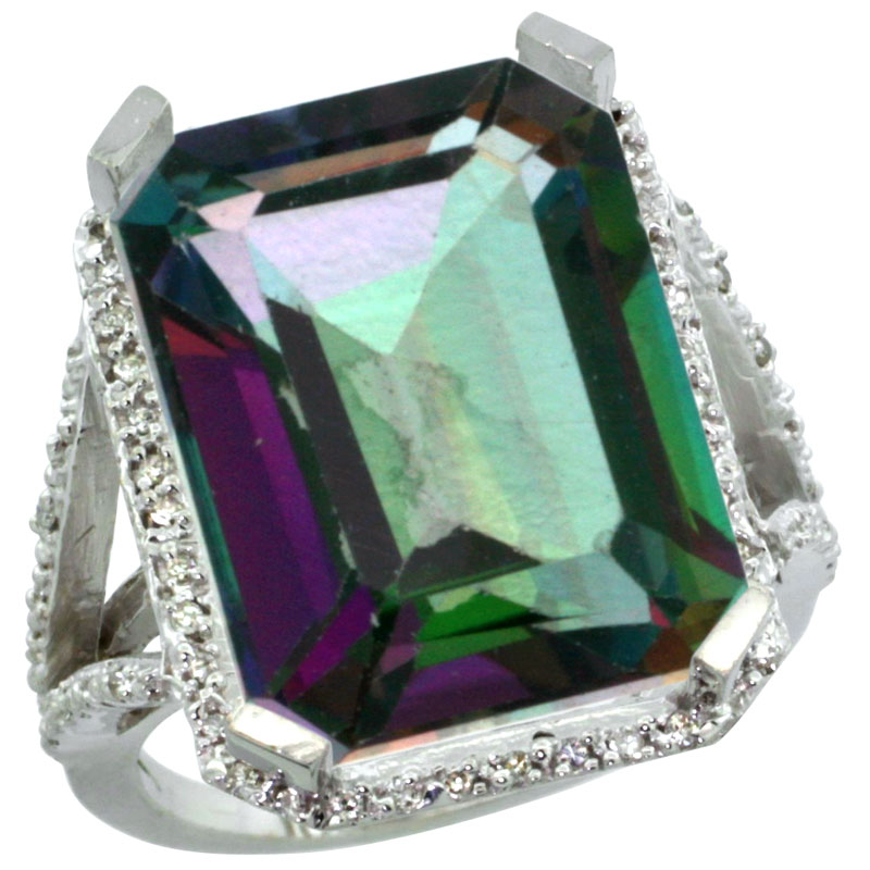 14K White Gold Natural Diamond Mystic Topaz Ring Emerald-cut 18x13mm, sizes 5-10