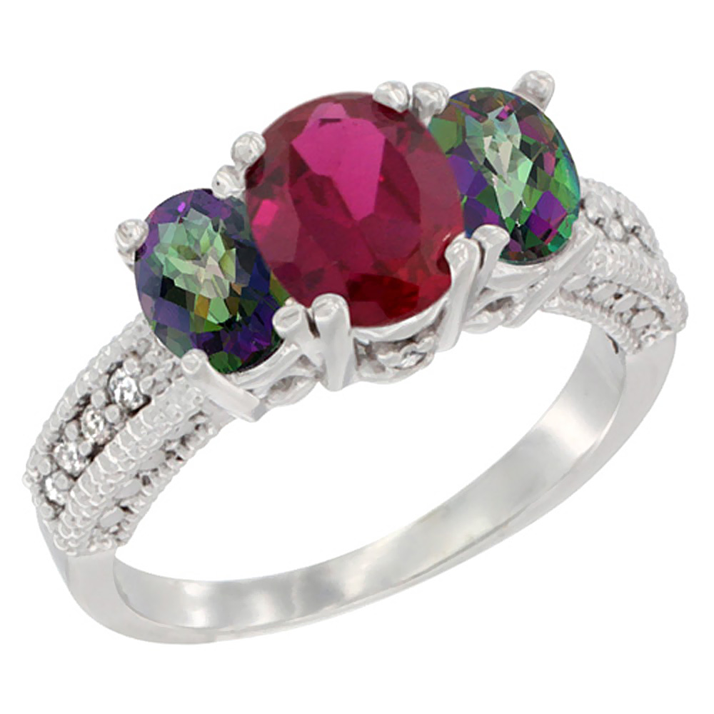 14K White Gold Diamond Enhanced Ruby Ring Oval 3-stone with Mystic Topaz, sizes 5 - 10