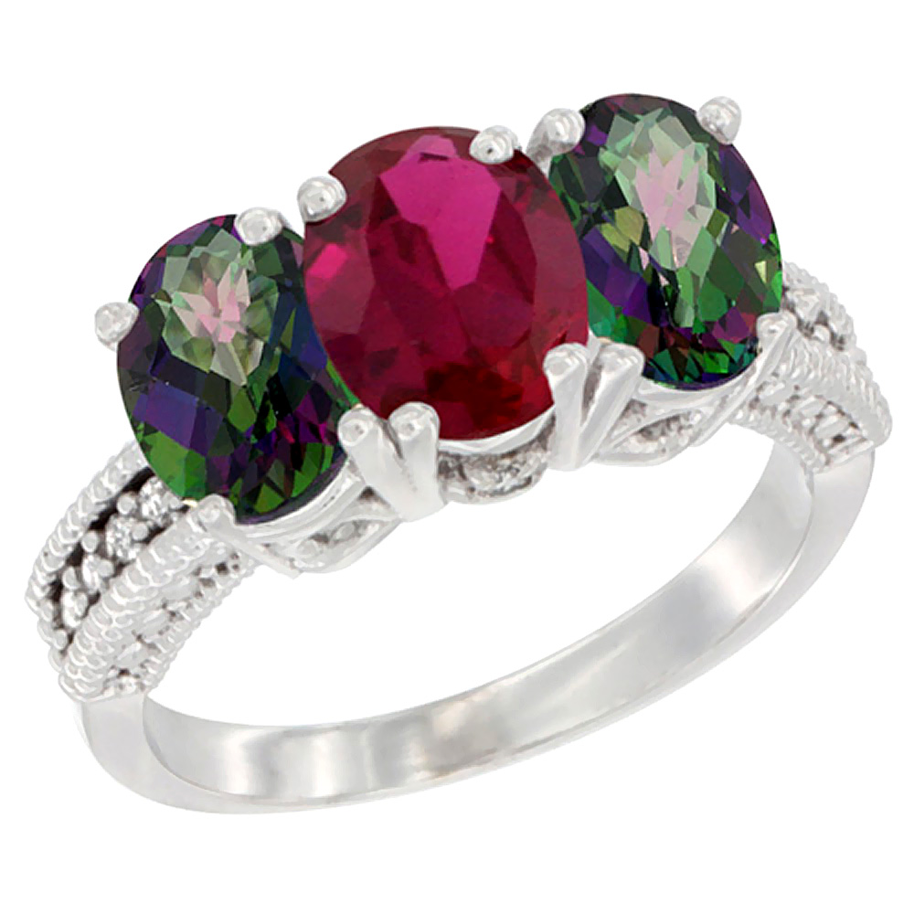 14K White Gold Enhanced Ruby &amp; Natural Mystic Topaz Ring 3-Stone 7x5 mm Oval Diamond Accent, sizes 5 - 10